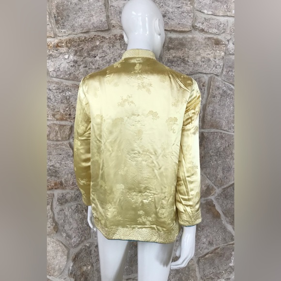 Vintage 1960s Chinese Satin Blue Yellow Reversible Floral Jacket Frog Closures - Picture 16 of 16